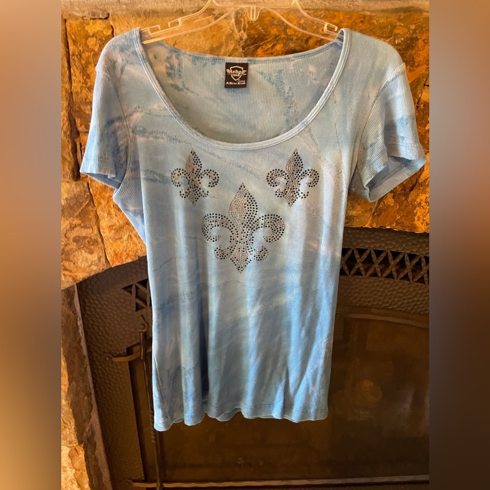 Sledge USA Women's Large Blue Fleur de Lis Graphic Rhinestone T Shirt
